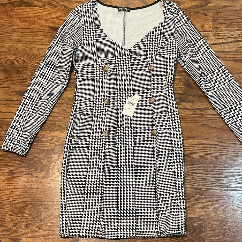 Fashion Nova Monochrome Plaid Long Sleeve Dress